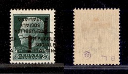 REPUBBLICA SOCIALE  - FASCETTI - 1944 - 25 Cent (491 B) Con Doppia Soprastampa (una A Cavallo) - Gomma Originale - Sonstige & Ohne Zuordnung