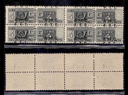 TRIESTE - AMG-FTT - 1947 - 4 Lire Pacchi Postali (4 G) - Quartina Con Soprastampa Spostata In Senso Verticale - Gomma In - Mint/hinged