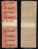 OCCUPAZIONI - TRENTO E TRIESTE - 1919 - 25 Cent Su 25 Espresso (1) - Striscia Verticale Di Quattro Con Interspazio Al Ce - Trentin & Trieste