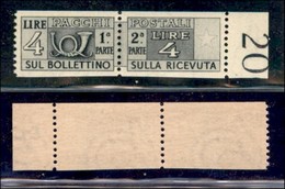 REPUBBLICA   - SERVIZI - 1946/1951 - 4 Lire Pacchi Postali (71/I E) - Non Dentellato Orizzontalmente - Bordo Di Foglio-  - Other & Unclassified