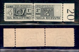 REPUBBLICA   - SERVIZI - 1946/1951 - 4 Lire Pacchi Postali (71/I E) - Non Dentellato Orizzontalmente - Bordo Di Foglio-  - Sonstige & Ohne Zuordnung