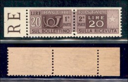 REPUBBLICA   - SERVIZI - 1946/1951 - 20 Lire Pacchi Postali (74 F) - Non Dentellato In Alto - Bordo Di Foglio - Gomma In - Autres & Non Classés