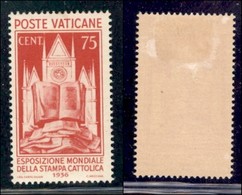 VATICANO - POSTA ORDINARIA - 1936 - 75 Cent Stampa Cattolica (51) - Gomma Originale (67,50) - Altri & Non Classificati