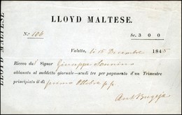 VARIE  - VARIE  - Lloyd Maltese - Ricevuta D'abbonamento - Valletta 15.12.45 - Prephilately