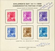 INDIA -1958,- Children's Day - 15 N.p., India Security Press Presentation Card With 6 Different Perforated Colour Proofs - Unused Stamps