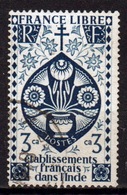 French Indian Settlements 1942 Single 3 Caches Blue Stamp Which Is Part Of The Free French Issue. - Gebraucht