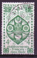 French Indian Settlements 1942 Single 4 Caches Green Stamp Which Is Part Of The Free French Issue. - Usati