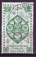 French Indian Settlements 1942 Single 4 Caches Green Stamp Which Is Part Of The Free French Issue. - Used Stamps