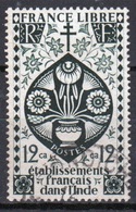 French Indian Settlements 1942 Single 12 Caches Green Stamp Which Is Part Of The Free French Issue. - Usados