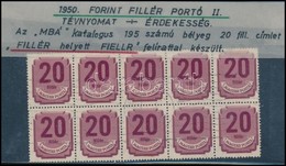 O 1950 Portó 20f Tízestömb, Benne ,,fiéllr' Szedési Hiba - Otros & Sin Clasificación