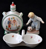 Zsolnay Porcelán Tétel: Kulacs, Labdázó Kisfiú, Sótartó, Jelzettek, Kulacs Sérült, Sótartó Kopásnyomokkal - Altri & Non Classificati