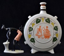 2 Db Hollóházi Porcelán: Márka Kulacs, Matricás, Jelzett, Apró Kopásokkal, M: 23 Cm + Afrikai Nő, Kézzel Festett, Jelzet - Other & Unclassified