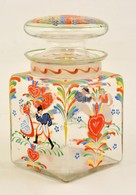Népies Motívumokkal Díszített Zománcfestett Fűszertartó üveg, Kis Csorbákkal, M: 18,5 Cm - Glas & Kristall
