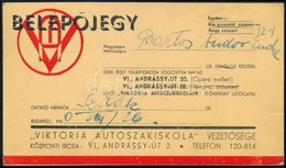 1940 Viktória Autószakiskola Belépőjegye, 8x14 Cm - Non Classés