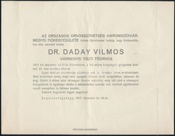 1917 Daday Vilmos (1856-1917) Háromszék Vármegyei Tiszti Főorvos Halotti értesítője, Szombathelyre A Vármegyei Törvényha - Non Classés