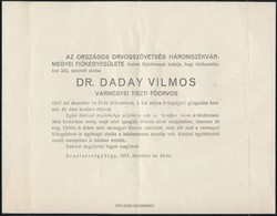 1917 Daday Vilmos (1856-1917) Háromszék Vármegyei Tiszti Főorvos Halotti értesítője, Szombathelyre A Vármegyei Törvényha - Unclassified