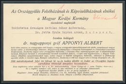 1933 Meghívó Gróf Apponyi Albert (1846-1933) Földi Maradványainak Az Országházban Történő ünnepélyes Beszentelésére, A B - Non Classés