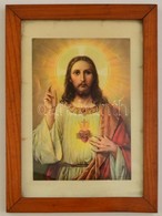 Jézus Szent Szíve, Színes Nyomat, üvegezett Fa Keretben, Kissé Foltos, 13×19 Cm - Unclassified