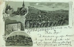 T2/T3 1899 Brassó, Kronstadt, Brasov; Ref. Kirche Und Pfarrhaus, Ung. Handelsschule, Springbrunnen Im Rudolfspark / Refo - Zonder Classificatie