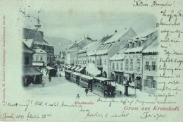 T2/T3 1899 Brassó, Kronstadt, Brasov; Flachszeile / Len Sor Télen, Városi Vasút, üzletek. Kiadja H. Zeidner / Street Vie - Zonder Classificatie