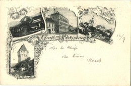 T2/T3 1899 Segesvár, Schässburg, Sighisoara; Schulberg, Ev. Bürgerschule, Burg, Schusterturm / Evangélikus Iskola, Vár,  - Non Classés