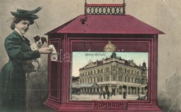 T3 Komárom, Komárno; Grand Kávéház; Postaláda Montázs Kutyát Tartó Hölggyel. E. D. K. Pannonia / Grand Café; Mailbox Mon - Non Classés