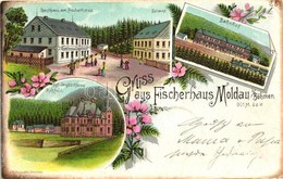 T2/T3 1899 Moldava, Moldau I. Böhmen; Gasthaus Zum Fischerhaus, Zollamt, Bahnhof, Jagdschloss, Rehfeld / Guest House, Ra - Non Classificati