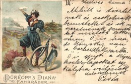 * T3 1899 Dürkopp's Diana Fahrräder / Dürkopp Bicycle Advertisement Card With Lady. Litho (kis Sarokhiány / Small Corner - Non Classificati