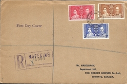 J) 1937 GREAT BRITAIN, MULTIPLE STAMPS, REGISTERED, AIRMAIL, CIRCULATED COVER, TO CANADA - Briefe U. Dokumente