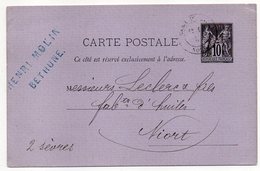 1880-entier Carte Postale SAGE 10c Noir-cachet "Gare De LILLE"-BETHUNE---Leclerc-- NIORT  - Deux-Sèvres - Standard Postcards & Stamped On Demand (before 1995)