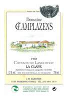 ETIQUETTE VIN COTEAUX DU LANGUEDOC LA CLAPE 1992 DOMAINE CAMPLAZENS 11 NARBONNE - Languedoc-Roussillon