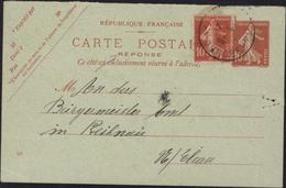 Entier CP 10c Rouge Semeuse Date 537 Réponse + YT 138 CAD Strasbourg 23 6 21 - Standard Postcards & Stamped On Demand (before 1995)