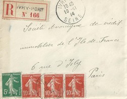2266 IVRY PORT Lettre Recommandée Semeuse 5c Vert Yv 137  10 C Rouge Yv 138 Ob 10 1 1914 - Covers & Documents