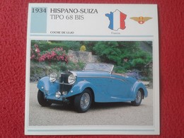 FICHA TÉCNICA DATA TECNICAL SHEET FICHE TECHNIQUE AUTO COCHE CAR VOITURE 1934 HISPANO-SUIZA TIPO 68 BIS FRANCIA FRANCE - Voitures