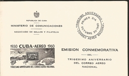 J) 1960 CUBA-CARIBE, MINISTRY OF COMMUNICATIONS, THIRTIETH ANNIVERSARY OF THE NATIONAL MAIL, COMMEMORATIVE - Covers & Documents