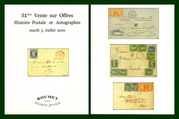 Catalogue 51éme Vente Sur Offres Roumet 2016 Histoire Postale Et Autographes - Cataloghi Di Case D'aste