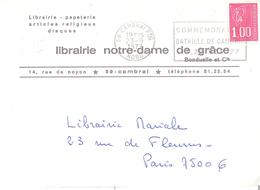 1952  CAMBRAI Nord Lettre Entête Librairie Bonduelle 1 F Bequet Yv 1892 Ob 23 9 1977 Flamme Commémoration Bataille - Covers & Documents