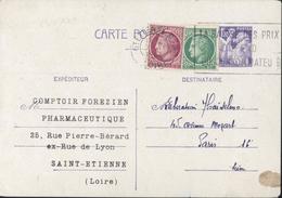 Entier CP Iris + YT 675 679 Cérès Repiquage Comptoir Forezien Pharmaceutique St Etienne Flamme Baisse Prix Dépend Conso - Cartes Postales Repiquages (avant 1995)