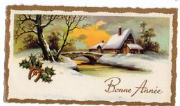 Nouvel An - Bonne Année --carte De Type Mignonnette -Paysage De Neige,chaumière,pont Et Fer à Cheval - Nouvel An