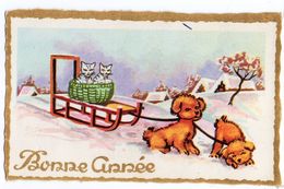 Nouvel An - Bonne Année --carte De Type Mignonnette -Paysage De Neige, Luge Avec Chiens Et Chats - Nouvel An