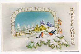 Nouvel An - Bonne Année --carte De Type Mignonnette - Paysage De Neige ,village Et Oiseaux - Nouvel An