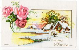 Nouvel An - Bonne Année --carte De Type Mignonnette - Paysage De Neige ,village Et Rose  - - Nouvel An