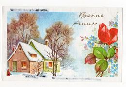 Nouvel An - Bonne Année --carte De Type Mignonnette - Paysage De Neige ,village Et Rose  - - Nouvel An