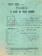 VP13.143 - MILITARIA - Guerre 14 / 18 - PARIS 1914 - Quartier Général - Permis De Circuler Par Véhicule Automobile - Documents