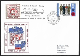 1971 - GREAT BRITAIN - FDC Ravenglass & Eskdale Railway + SG 887 [Soldiers & Nurse 1921] + RAVENGLASS - Ferrocarril & Paquetes Postales