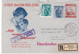 AUTRICHE 1949 LETTRE PAR BALLON RECOMMANDEE DE  WELS AVEC CACHET ARRIVEE BALE  VOL PAR BALLON ANNULE - Ballons