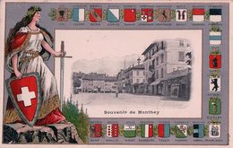 Monthey La Place, Armoirie Des Cantons Et Helvetia Avec Epée, Litho Gaufrée (15.1.21) - Monthey