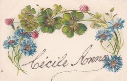 ¤¤  -  Carte Gauffrée Avec Dorure  -  Prénom " CECILE ANNA " -  Fleurs, Trèfles à Quatre Feuilles     -   ¤¤ - Prénoms