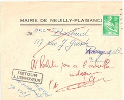 3735 Mairie NEUILLY PLAISANCE Seine Et Oise Convocation Vaccination Retour à L'envoyeur 10 F Moissonneuse Yv 1115A - Lettres & Documents