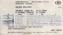 SNCB - GOLDEN RAILPASS - 6 VOYAGES SIMPLES - 1ère CLASSE. - Europe